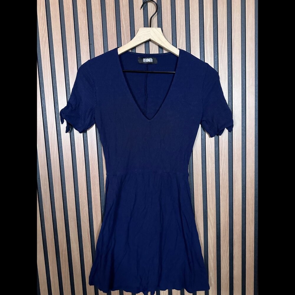 Reformation Skater Dress Small Womens Blue Ribbed Shoulder Tie V Neck